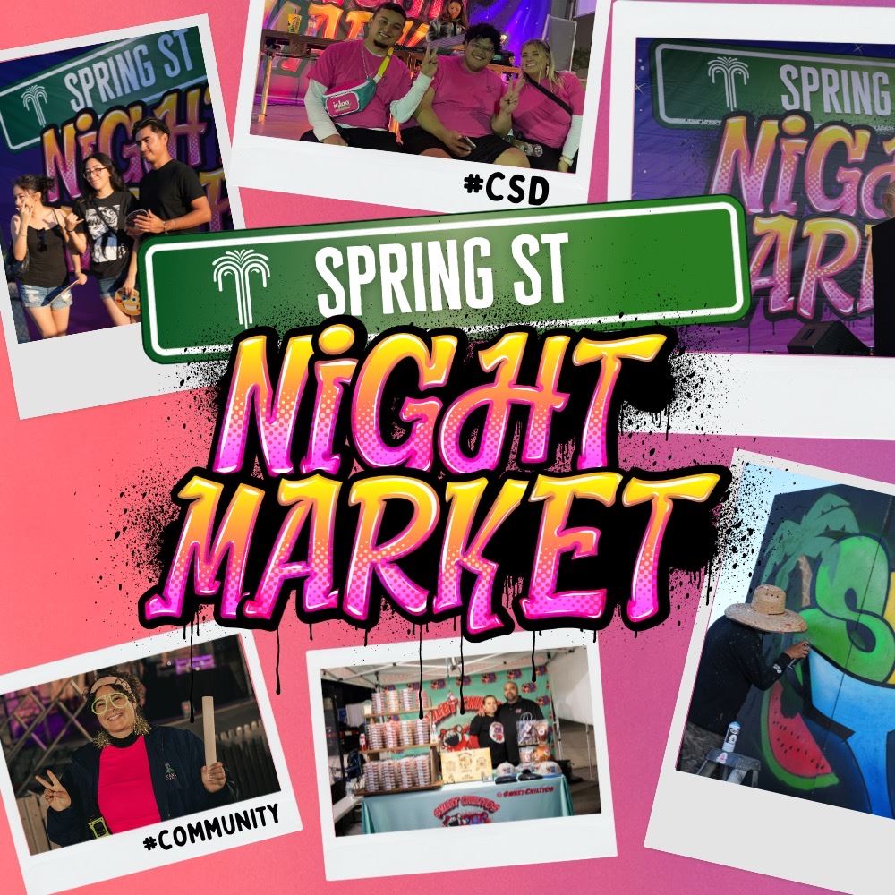 A collection of photos from past Spring St Night Markets. Photos include various adults and children enjoying food vendors and other event attractions.